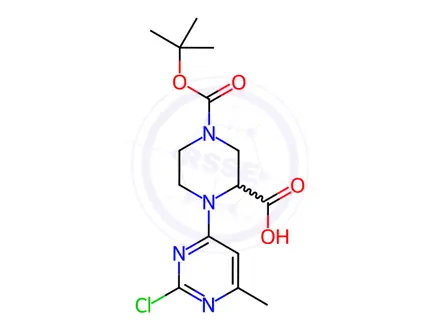 Chemical structure of 4-(tert-Butoxycarbonyl)-1-(2-chloro-6-methylpyrimidin-4-yl)piperazine-2-carboxylic acid