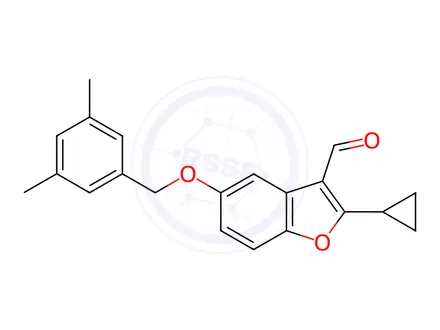 Chemical structure of 2-Cyclopropyl-5-((3,5-dimethylbenzyl)oxy)benzofuran-3-carbaldehyde