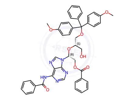 Chemical structure of Benzamide, N-?[9-?[(1R)?-?2-?(benzoyloxy)?-?1-?[(1S)?-?2-?[bis(4-?methoxyphenyl)?phenylmethoxy]?-?1-?(hydroxymethyl)?ethoxy]?ethyl]?-?9H-?purin-?6-?yl]?-