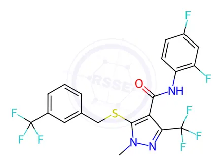 Chemical structure of N-(2,4-Difluorophenyl)-1-methyl-3-(trifluoromethyl)-5-({[3-(trifluoromethyl)phenyl]methyl}sulfanyl)-1H-pyrazole-4-carboxamide