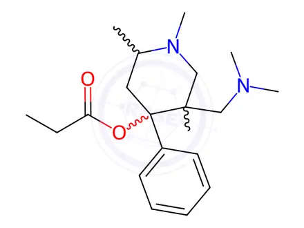 Chemical structure of [5-(dimethylaminomethyl)-1,2,5-trimethyl-4-phenyl-4-piperidyl] propanoate dihydrochloride