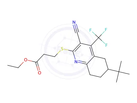 Chemical structure of Ethyl 3-{[3-cyano-6-(2-methyl-2-propanyl)-4-(trifluoromethyl)-5,6,7,8-tetrahydro-2-quinolinyl]sulfanyl}propanoate