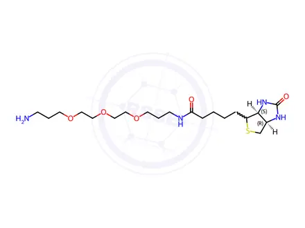 Chemical structure of rel N-(3-(2-(2-(3-aminopropoxy)ethoxy)ethoxy)propyl)-5-((3aR,4R,6aS)-2-oxohexahydro-1H-thieno[3,4-d]imidazol-4-yl)pentanamide