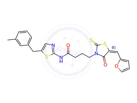 Chemical structure of 4-(5-(Furan-2-ylmethylene)-4-oxo-2-thioxothiazolidin-3-yl)-N-(5-(3-methylbenzyl)thiazol-2-yl)butanamide