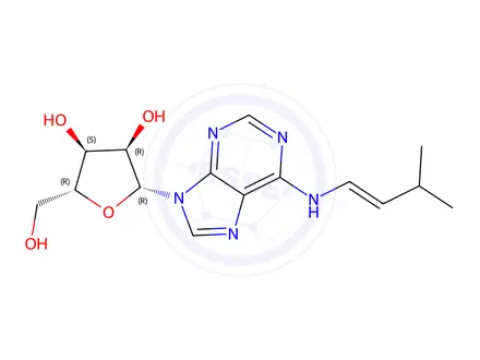 Chemical structure of (2R,3S,4R,5R)-2-(Hydroxymethyl)-5-(6-((3-methylbut-1-en-1-yl)amino)-9H-purin-9-yl)tetrahydrofuran-3,4-diol
