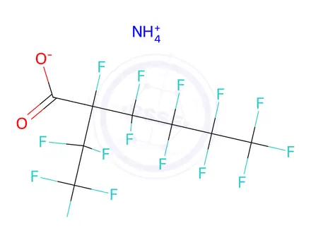 Chemical structure of Hexanoic acid, 2,3,3,4,4,5,5,6,6,6-decafluoro-2-(1,1,2,2,2- pentafluoroethyl)-, ammonium salt (1:1)