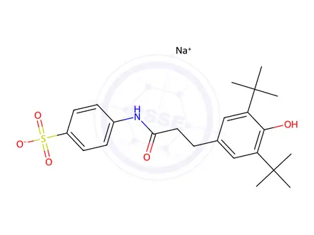 Chemical structure of Benzenesulfonic acid, 4-3-3,5-bis(1,1-dimethylethyl)-4-hydroxyphenyl-1-oxopropylamino-, monosodium salt