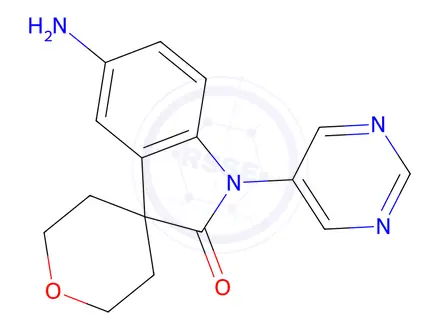 Chemical structure of 5-Amino-1-(pyrimidin-5-yl)-2',3',5',6'-tetrahydrospiro[indoline-3,4'-pyran]-2-one