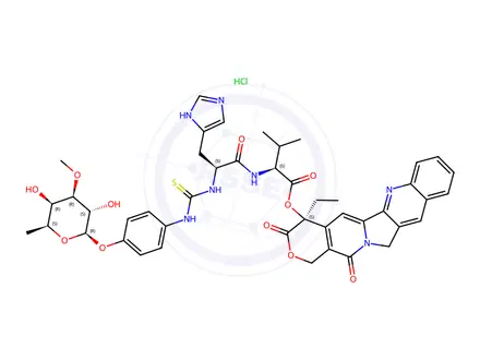 Chemical structure of L-Valine, N-[[[4-[(6-deoxy-3-O-methyl-b-L-galactopyranosyl)oxy]phenyl]amino]thioxomethyl]-L-histidyl-, (4S)-4-ethyl-3,4,12,14-tetrahydro-3,14-dioxo-1H-pyrano[3',4':6,7]indolizino[1
