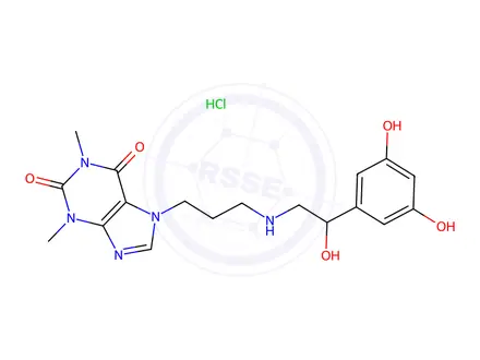Chemical structure of 7-[3-[[2-(3,5-dihydroxyphenyl)-2-hydroxyethyl]amino]propyl]-3,7-dihydro-1,3-dimethyl-1H-purine-2,6-dione hydrochloride