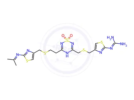 Chemical structure of 1-(4-((((1,1-dioxido-5-(2-(((2-(propan-2-ylideneamino)thiazol-4-yl)methyl)thio)ethyl)-2H-1,2,4,6-thiatriazin-3-yl)methyl)thio)methyl)thiazol-2-yl)guanidine