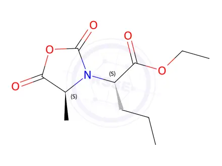 Chemical structure of (S)-ethyl 2-((S)-4-methyl-2,5-dioxooxazolidin-3-yl)pentanoate