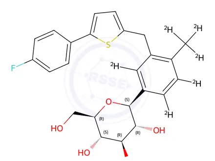 Chemical structure of (2S,3R,4R,5S,6R)-2-(3-((5-(4-Fluorophenyl)thiophen-2-yl)methyl)-4-(methyl-d3)phenyl-2,5,6-d3)-6-(hydroxymethyl)tetrahydro-2H-pyran-3,4,5-triol