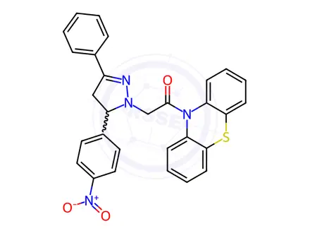 Chemical structure of 2-(5-(4-Nitrophenyl)-3-phenyl-4,5-dihydro-1H-pyrazol-1-yl)-1-(10H-phenothiazin-10-yl)ethanone