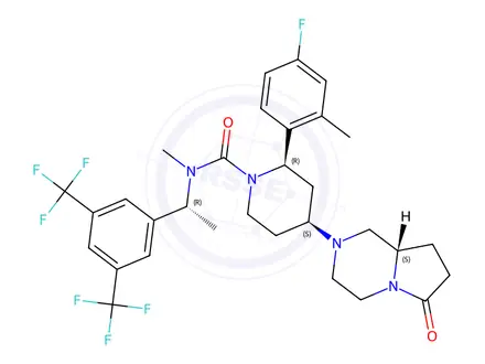 Chemical structure of (2R,4S)-N-((R)-1-(3,5-Bis(trifluoromethyl)phenyl)ethyl)-2-(4-fluoro-2-methylphenyl)-N-methyl-4-((S)-6-oxohexahydropyrrolo[1,2-a]pyrazin-2(1H)-yl)piperidine-1-c
