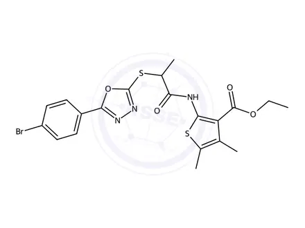 Chemical structure of Ethyl 2-(2-((5-(4-bromophenyl)-1,3,4-oxadiazol-2-yl)thio)propanamido)-4,5-dimethylthiophene-3-carboxylate