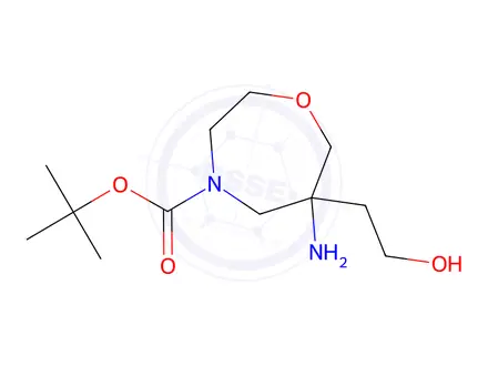 Chemical structure of tert-butyl 6-amino-6-(2-hydroxyethyl)-1,4-oxazepane-4-carboxylate