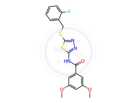 Chemical structure of N-[5-[(2-fluorophenyl)methylsulfanyl]-1,3,4-thiadiazol-2-yl]-3,5-dimethoxybenzamide
