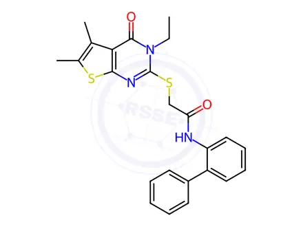 Chemical structure of N-([1,1'-Biphenyl]-2-yl)-2-((3-ethyl-5,6-dimethyl-4-oxo-3,4-dihydrothieno[2,3-d]pyrimidin-2-yl)thio)acetamide