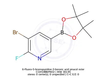 Chemical structure of 3-Bromo-2-fluoro-5-(4,4,5,5-tetramethyl-1,3,2-dioxaborolan-2-yl)pyridine
