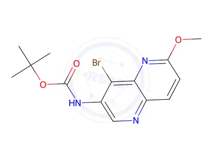 Chemical structure of tert-butyl (4-bromo-6-methoxy-1,5-naphthyridin-3-yl)carbamate