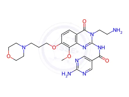 Chemical structure of 2-Amino-N-[3-(2-aminoethyl)-3,4-dihydro-8-methoxy-7-[3-(4-morpholinyl)propoxy]-4-oxo-2-quinazolinyl]
