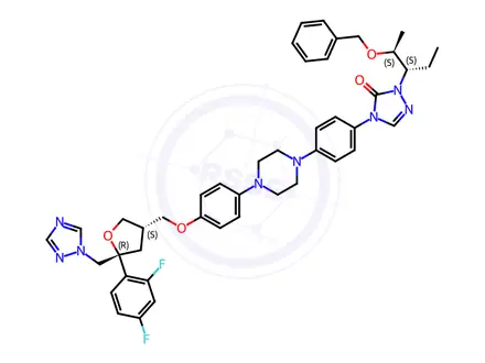 Chemical structure of D-erythro-Pentitol, 1,4-anhydro-2,3,5-trideoxy-4-C-(2,4-difluorophenyl)-2-[[4-[4-[4-[1-[(1S,2S)-1-ethyl-2-(phenylmethoxy)propyl]-1,5-dihydro-5-oxo-4H-1,2,4-triazol-4-yl]phenyl]-1-piperazinyl]phenoxy]methyl]-5-(1H-1,2,4-triazol-1-yl)-