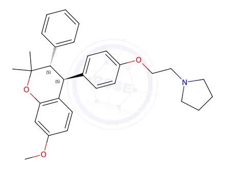 Chemical structure of Pyrrolidine, 1-[2-[4-[(3S,4S)-3,4-dihydro-7-methoxy-2,2-dimethyl-3-phenyl-2H-1-benzopyran-4-yl]phenoxy]ethyl]-