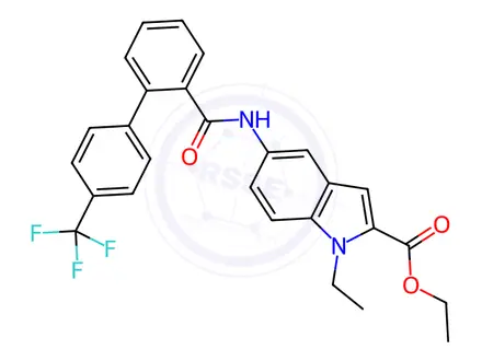 Chemical structure of Ethyl 1-ethyl-5-({2-[4-(trifluoromethyl)phenyl]-benzene}amido)-1H-indole-2-carboxylate
