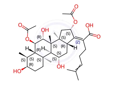 Chemical structure of (4α,8α,9β,13α,14β,17Z)-6α,16β-Diacetoxy-3α,7β,11β-trihydroxy-29-nordammara-17(20),24-dien-21-oic acid