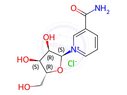 Chemical structure of 3-Carbamoyl-1-((2S,3R,4S,5R)-3,4-dihydroxy-5-(hydroxymethyl)tetrahydrofuran-2-yl)pyridin-1-ium Chloride