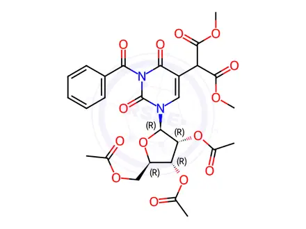 Chemical structure of Dimethyl 2-(3-benzoyl-1-((2R,3R,4R,5R)-3,4-diacetoxy-5-(acetoxymethyl)tetrahydrofuran-2-yl)-2,4-dioxo-1,2,3,4-tetrahydropyrimidin-5-yl)malonate