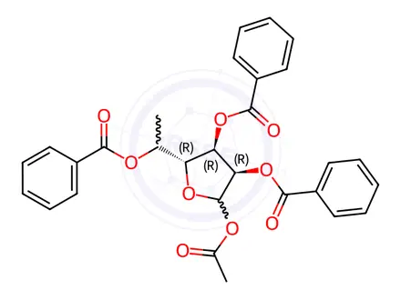 Chemical structure of 1-O-Acetyl-2,3,5-tri-O-benzoyl-5-methyl-D-ribofuranose
