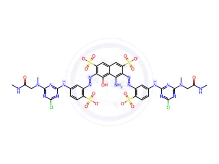 Chemical structure of 2,7-Naphthalenedisulfonic acid, 4-amino-3,6-bis5-4-chloro-6-methyl2-(methylamino)-2-oxoethylamino-1,3,5-triazin-2-ylamino-2-sulfophenylazo-5-hydroxy-, lithium potassium sodium salt