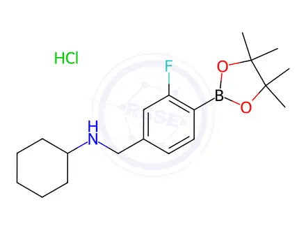 Chemical structure of N-(3-Fluoro-4-(4,4,5,5-tetramethyl-1,3,2-dioxaborolan-2-yl)benzyl)cyclohexanamine hydrochloride
