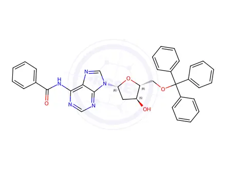 Chemical structure of N-(9-((2R,4S,5R)-4-Hydroxy-5-((trityloxy)methyl)tetrahydrofuran-2-yl)-9H-purin-6-yl)benzamide