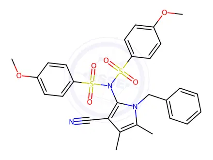 Chemical structure of N-(1-benzyl-3-cyano-4,5-dimethyl-1H-pyrrol-2-yl)-4-methoxy-N-((4-methoxyphenyl)sulfonyl)benzenesulfonamide
