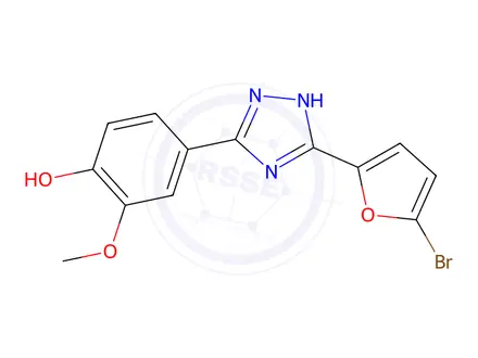 Chemical structure of 4-(3-(5-Bromofuran-2-yl)-1H-1,2,4-triazol-5-yl)-2-methoxyphenol