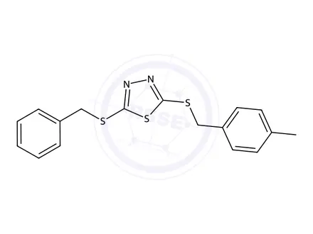 Chemical structure of 2-(Benzylthio)-5-((4-methylbenzyl)thio)-1,3,4-thiadiazole