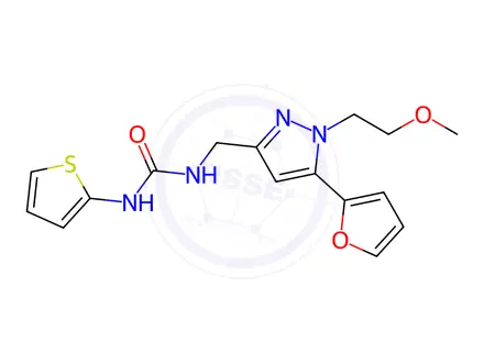 Chemical structure of 1-((5-(Furan-2-yl)-1-(2-methoxyethyl)-1H-pyrazol-3-yl)methyl)-3-(thiophen-2-yl)urea