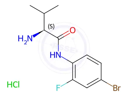 Chemical structure of (S)-2-amino-N-(4-bromo-2-fluorophenyl)-3-methylbutanamide hydrochloride