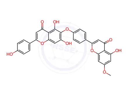 Chemical structure of 5,7-Dihydroxy-6-[4-(5-hydroxy-7-methoxy-4-oxo-4H-1-benzopyran-2-yl)phenoxy]-2-(4-hydroxyphenyl)-4H-1-benzopyran-4-one