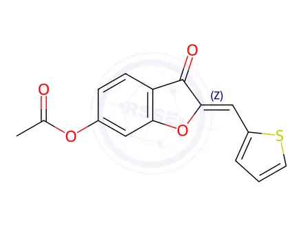 Chemical structure of 3-Oxo-2-(thiophen-2-ylmethylene)-2,3-dihydrobenzofuran-6-yl acetate