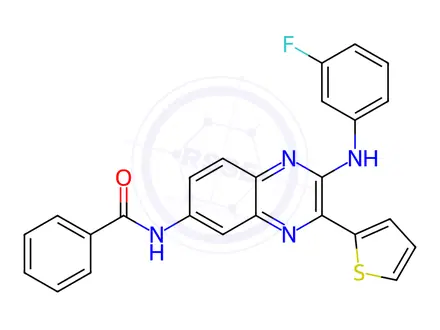 Chemical structure of N-(2-((3-Fluorophenyl)amino)-3-(thiophen-2-yl)quinoxalin-6-yl)benzamide
