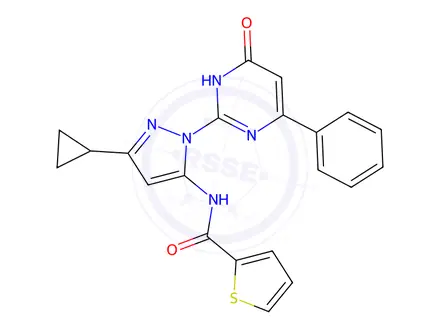 Chemical structure of N-(3-Cyclopropyl-1-(6-oxo-4-phenyl-1,6-dihydropyrimidin-2-yl)-1H-pyrazol-5-yl)thiophene-2-carboxamide