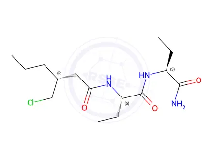 Chemical structure of (R)-N-((S)-1-(((S)-1-amino-1-oxobutan-2-yl)amino)-1-oxobutan-2-yl)-3-(chloromethyl)hexanamide