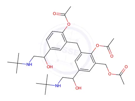 Chemical structure of 2-Acetoxy-3-(2-acetoxy-5-(2-(tert-butylamino)-1-hydroxyethyl)benzyl)-5-(2-(tert-butylamino)-1-hydroxyethyl)benzyl Acetate