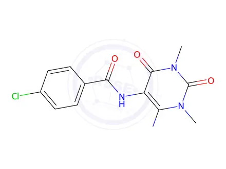 Chemical structure of Benzamide, N-(6-amino-1,2,3,4-tetrahydro-1,3-dimethyl-2,4-dioxo-5-pyrimidinyl)-4-chloro-