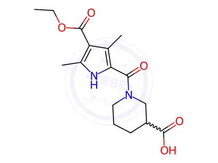 Chemical structure of 1-{[4-(Ethoxycarbonyl)-3,5-dimethyl-1H-pyrrol-2-yl]carbonyl}piperidine-3-carboxylic acid