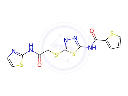 Chemical structure of N-(5-((2-Oxo-2-(thiazol-2-ylamino)ethyl)thio)-1,3,4-thiadiazol-2-yl)thiophene-2-carboxamide